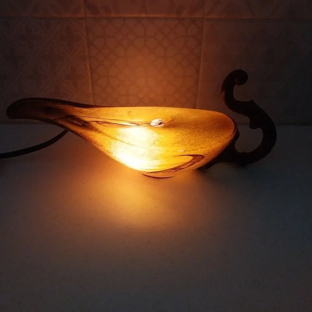 Vintage Aladdin Style Stained Glass Accent Lamp Resin Scroll Handle 12.5